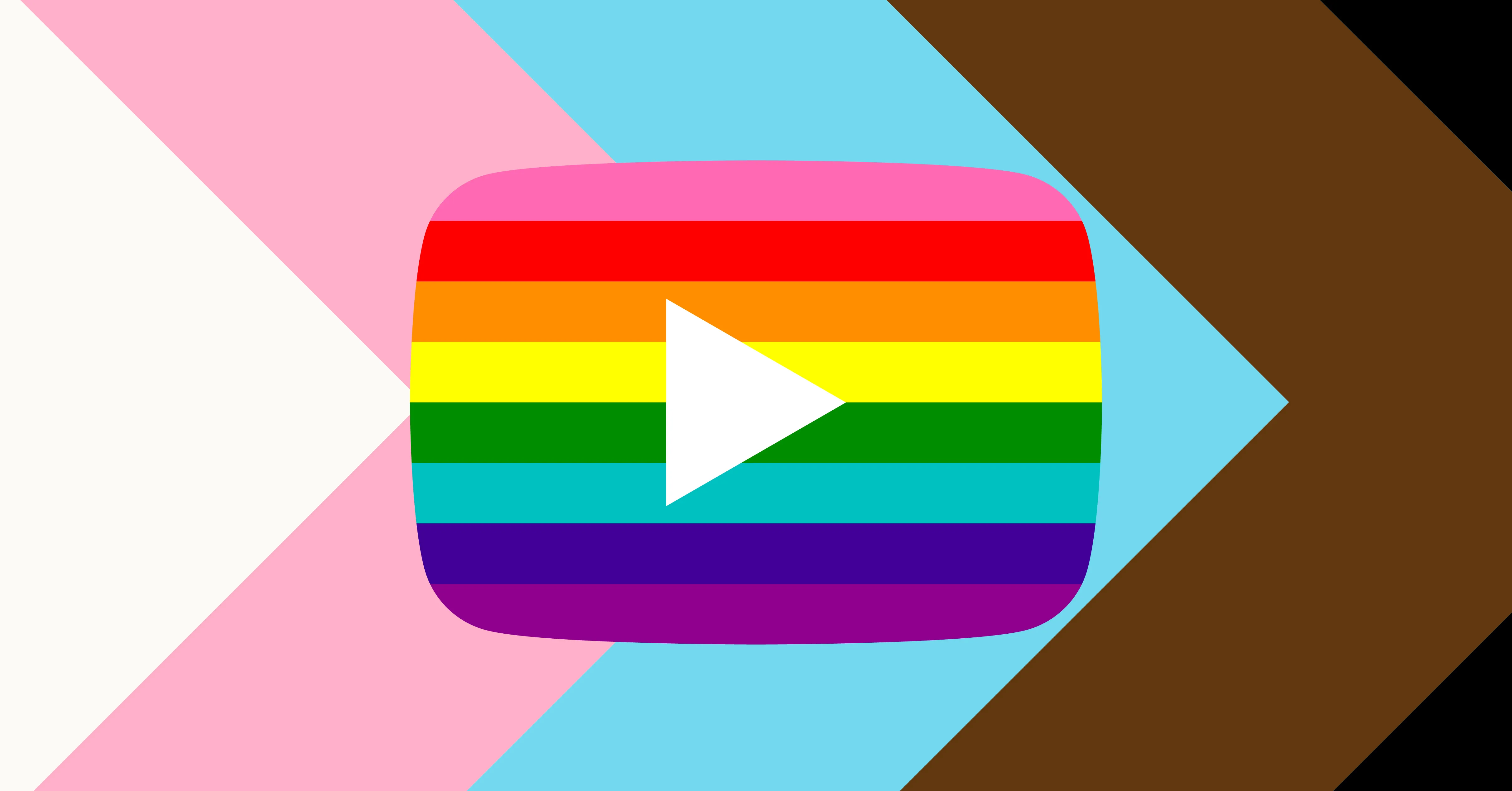 There is a stock image of the Youtube icon in rainbow colors superimposed on the 'Progress Pride Flag.'